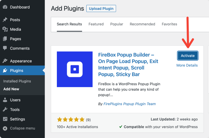 Activate FireBox popup builder plugin