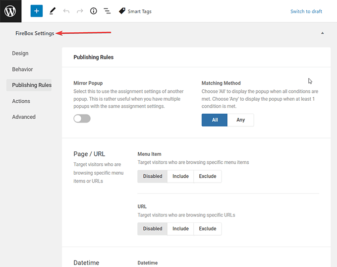 The video popup settings in your WordPress dashboard