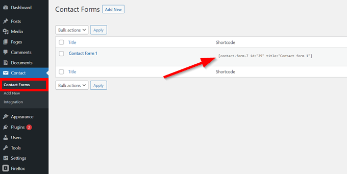 Copy your Contact Form 7 shortcode