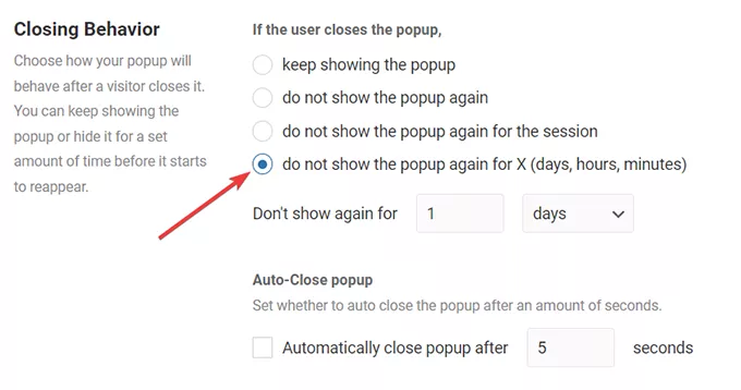 Configure your popup to not show up after it has been closed by the user