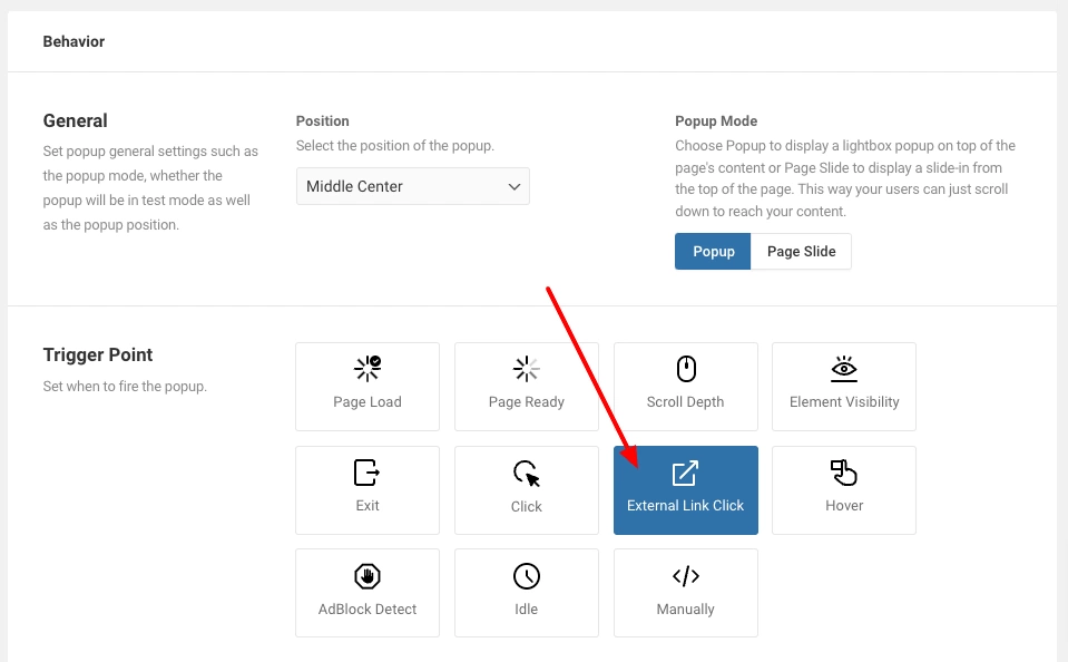 Make sure the popup is triggered when the user clicks an external link.