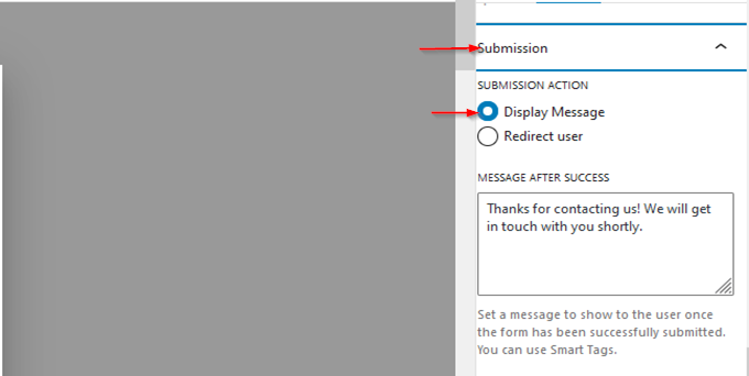 Configure the popup to display a success message after the form is submitted.