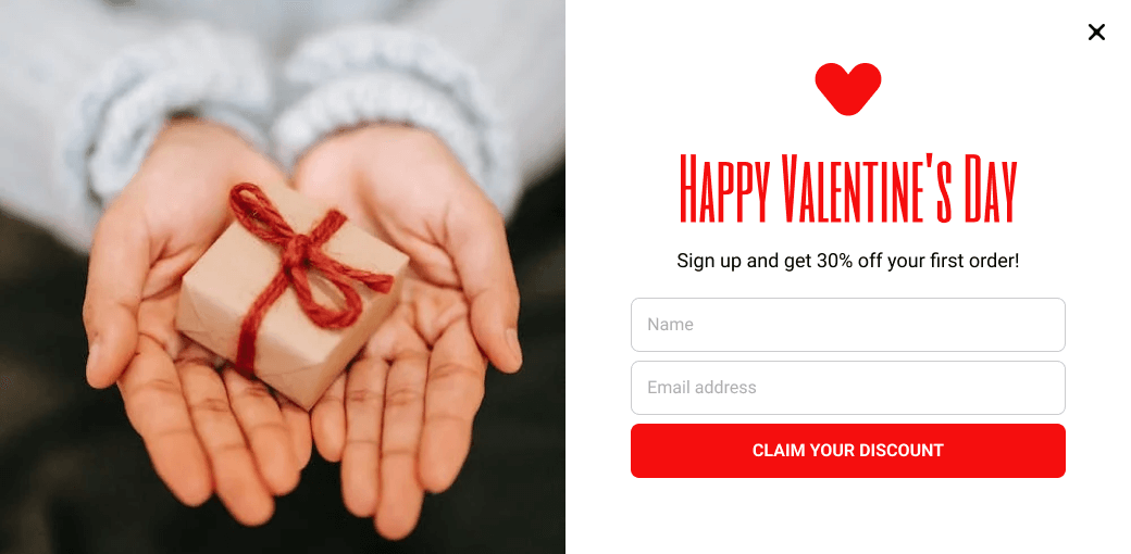 Offer a Discount to New Visitors on Valentine's Day with an Opt-in Popup