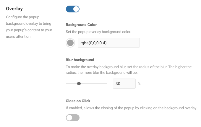The options to add a blurred background effect to a popup in WordPress