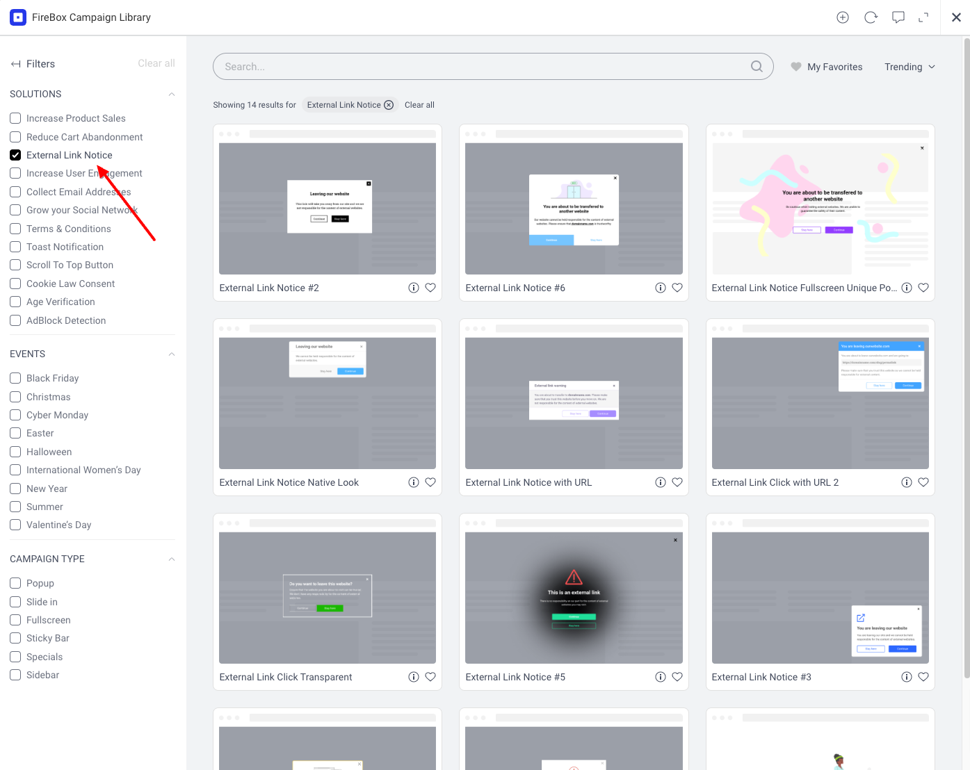 Select an External Link Notice popup template
