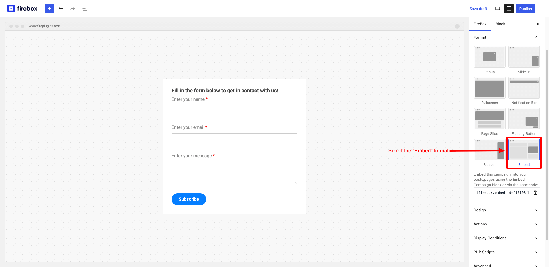 Select the Embed format