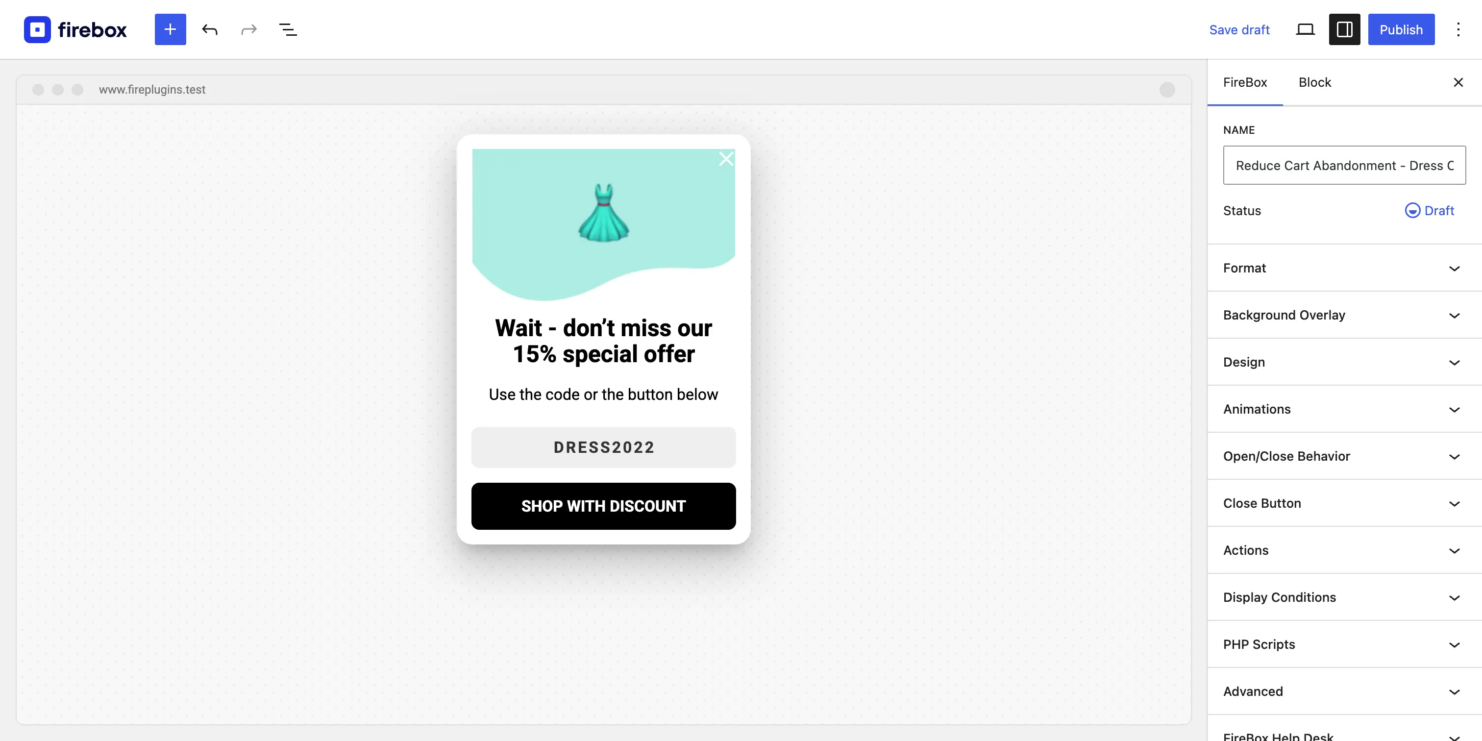 Added Pre-Made Popup Campaign Template Reduce Cart Abandonment – Dress Offer