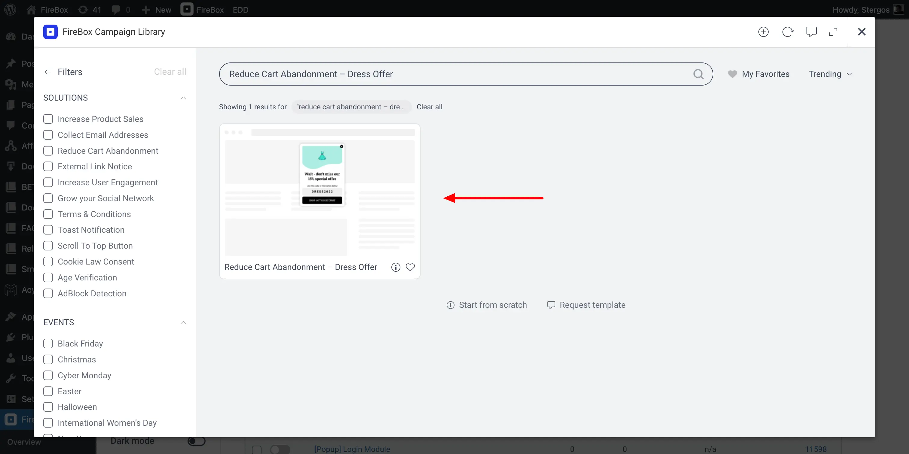Select Reduce Cart Abandonment – Dress Offer FireBox Popup Campaign Template