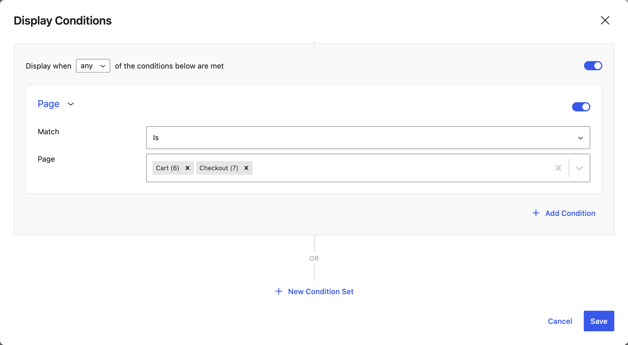 The FireBox Display Conditions panel showing one Page rule, Match set to Is, and the pages Cart and Checkout selected