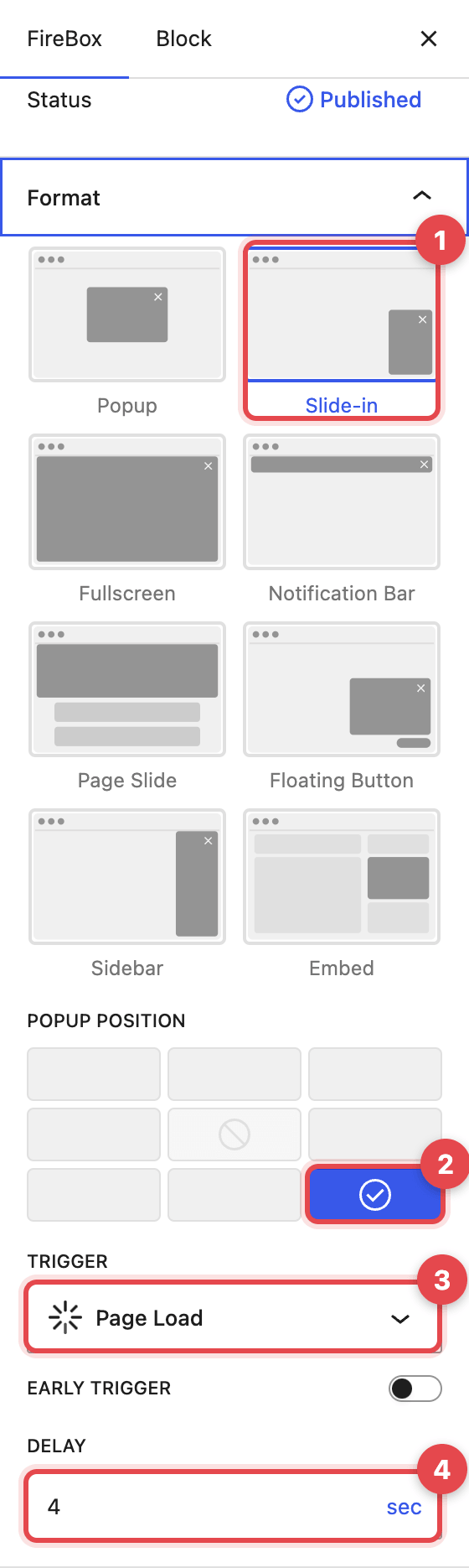 The FireBox Format panel with Slide-in selected and a page load trigger.