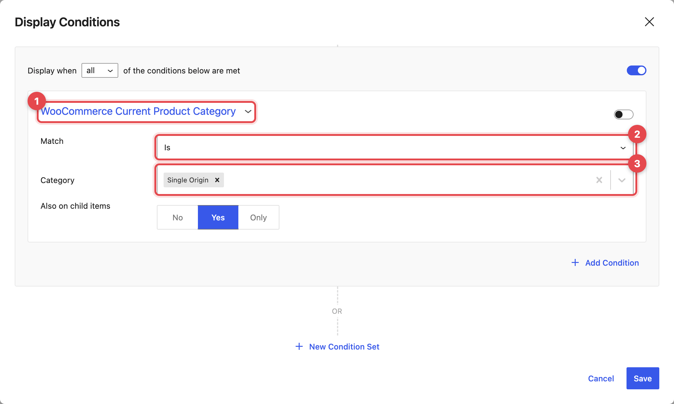 A display condition set to WooCommerce Current Product Category, Single Origin.