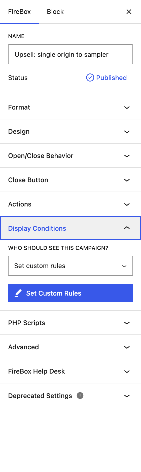 The Display Conditions panel in the FireBox sidebar.