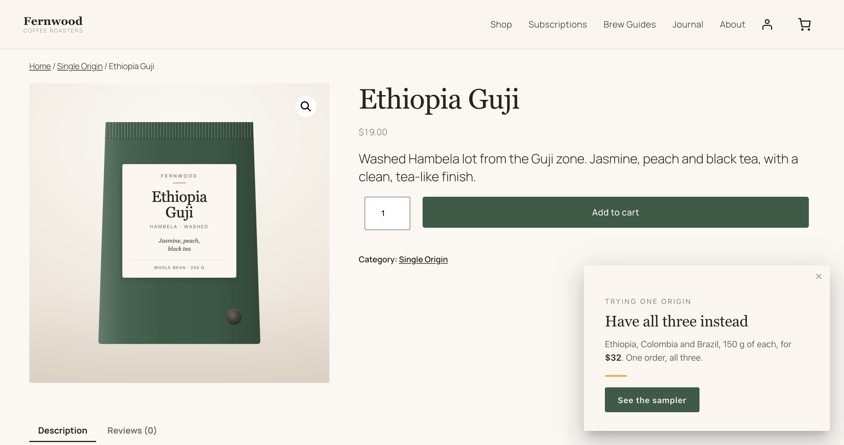The Ethiopia Guji product page at , with a slide-in offering the Three Origins Sampler for