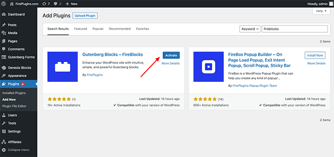Activate the FireBlocks plugin through your WordPress dashboard