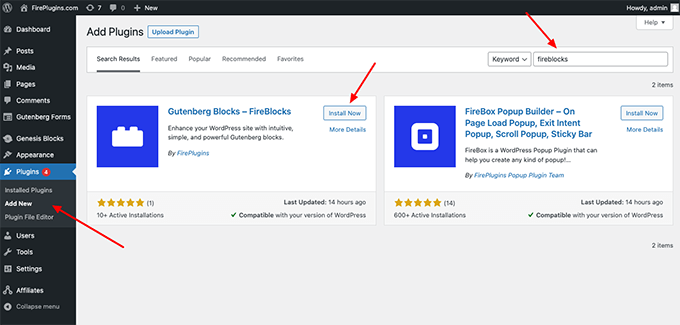 Install FireBlocks plugin through your WordPress dashboard