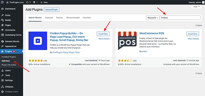 Install FireBox popup builder plugin through your WordPress dashboard
